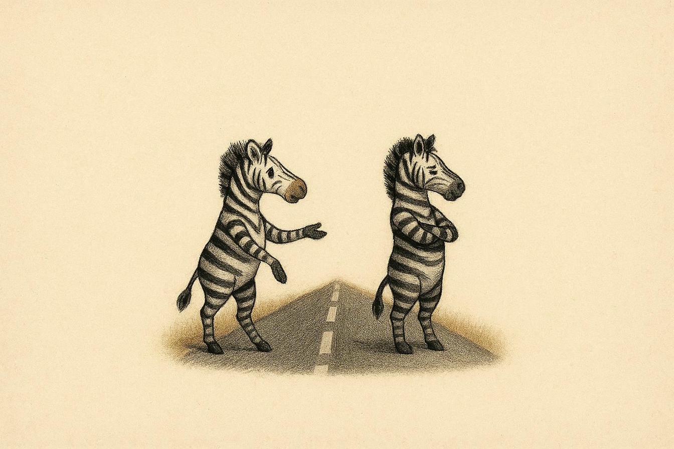 Two zebras standing on a path, one reaching out to the other
